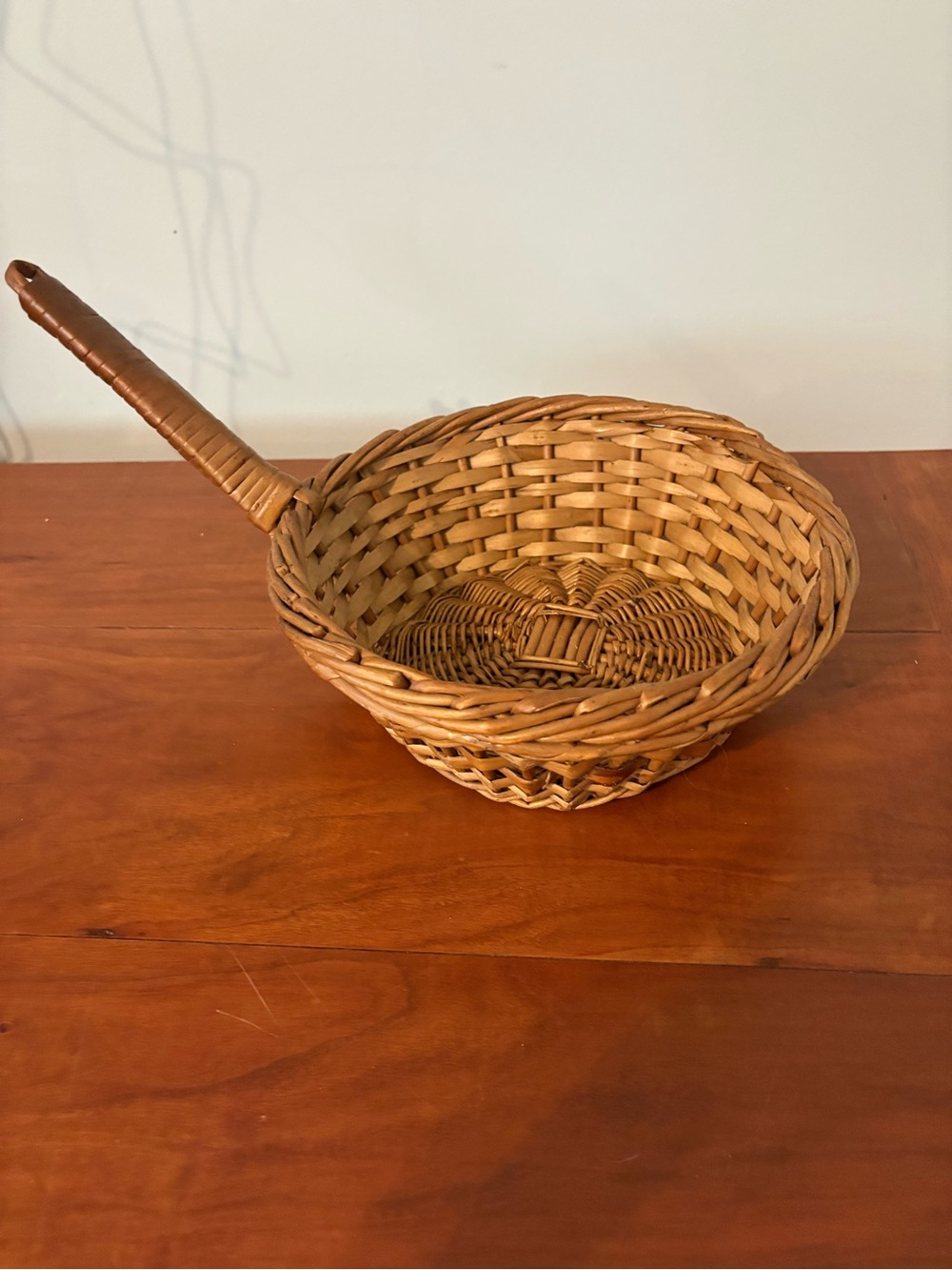 Vintage Wicker Scoop Basket Long Handle Hanging Farmhouse Decor